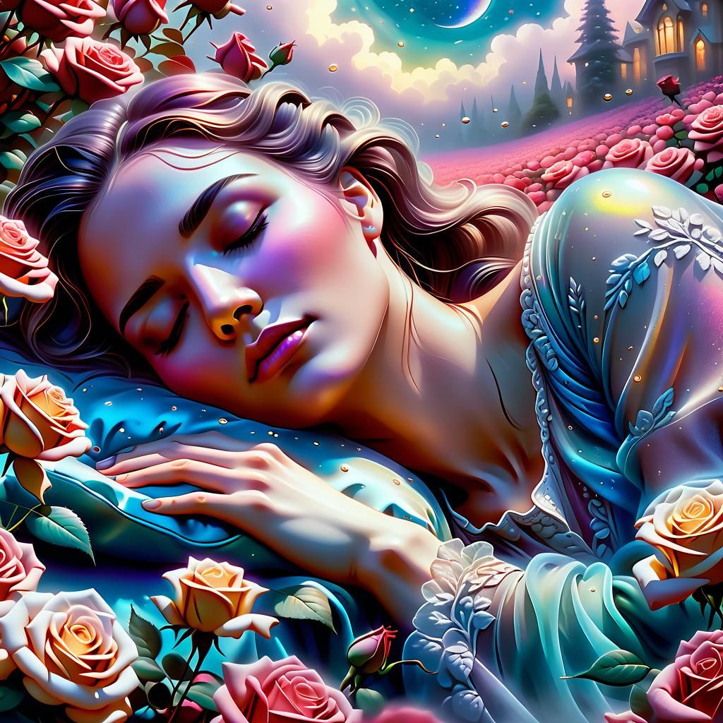 Young Beautiful women sleeping on a bed of Roses