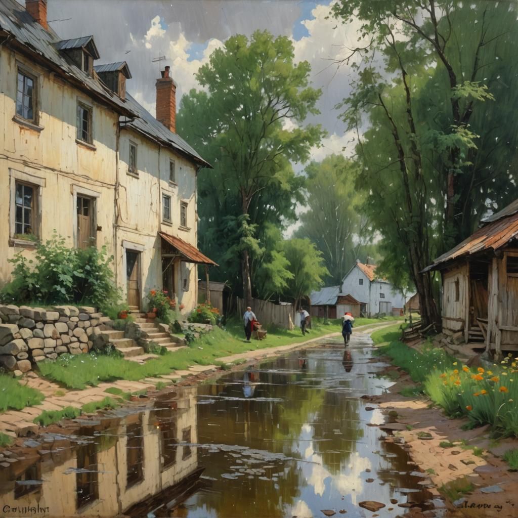 Summer Rainy Day Village Scene in Oil