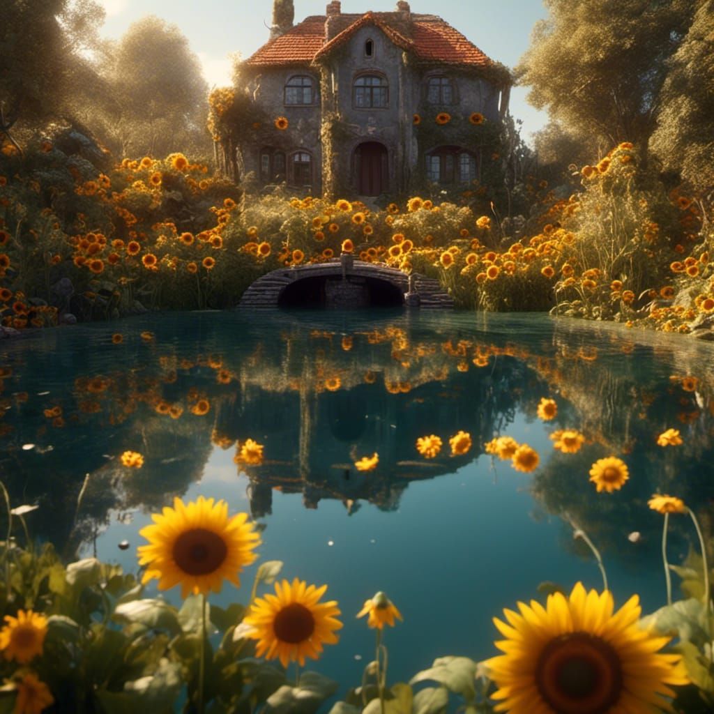 Charming Sunflowers Overlooking Pond: Detailed Matte Paintin...