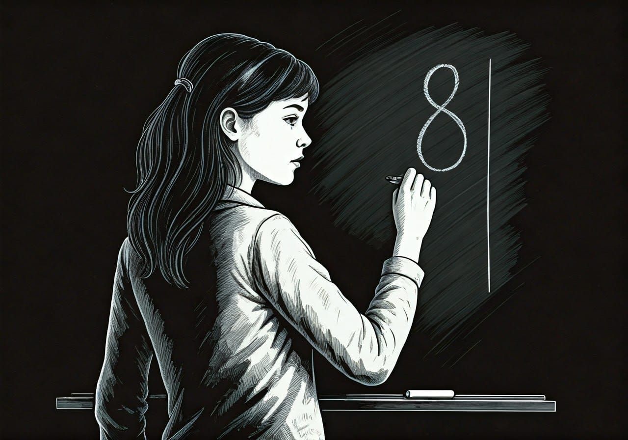 Girl Writes on Blackboard in Elegant Pen and Ink Drawing