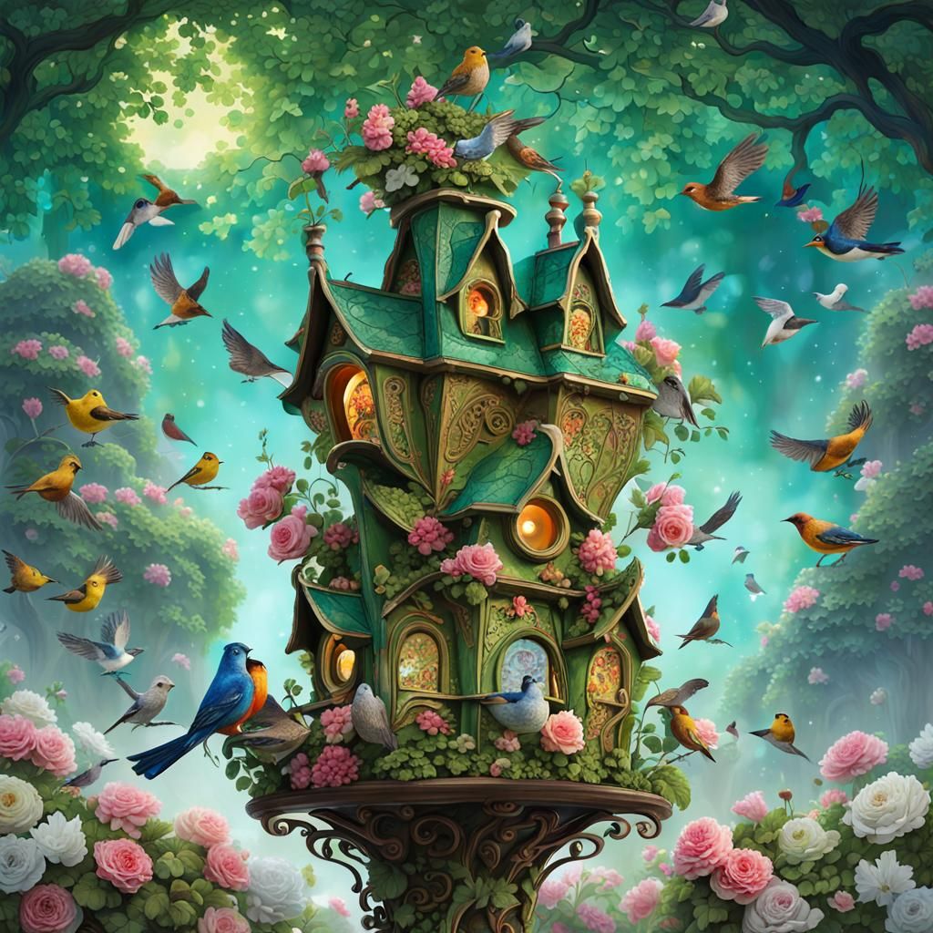 Art Nouveau Rococo Birdhouse in a Garden