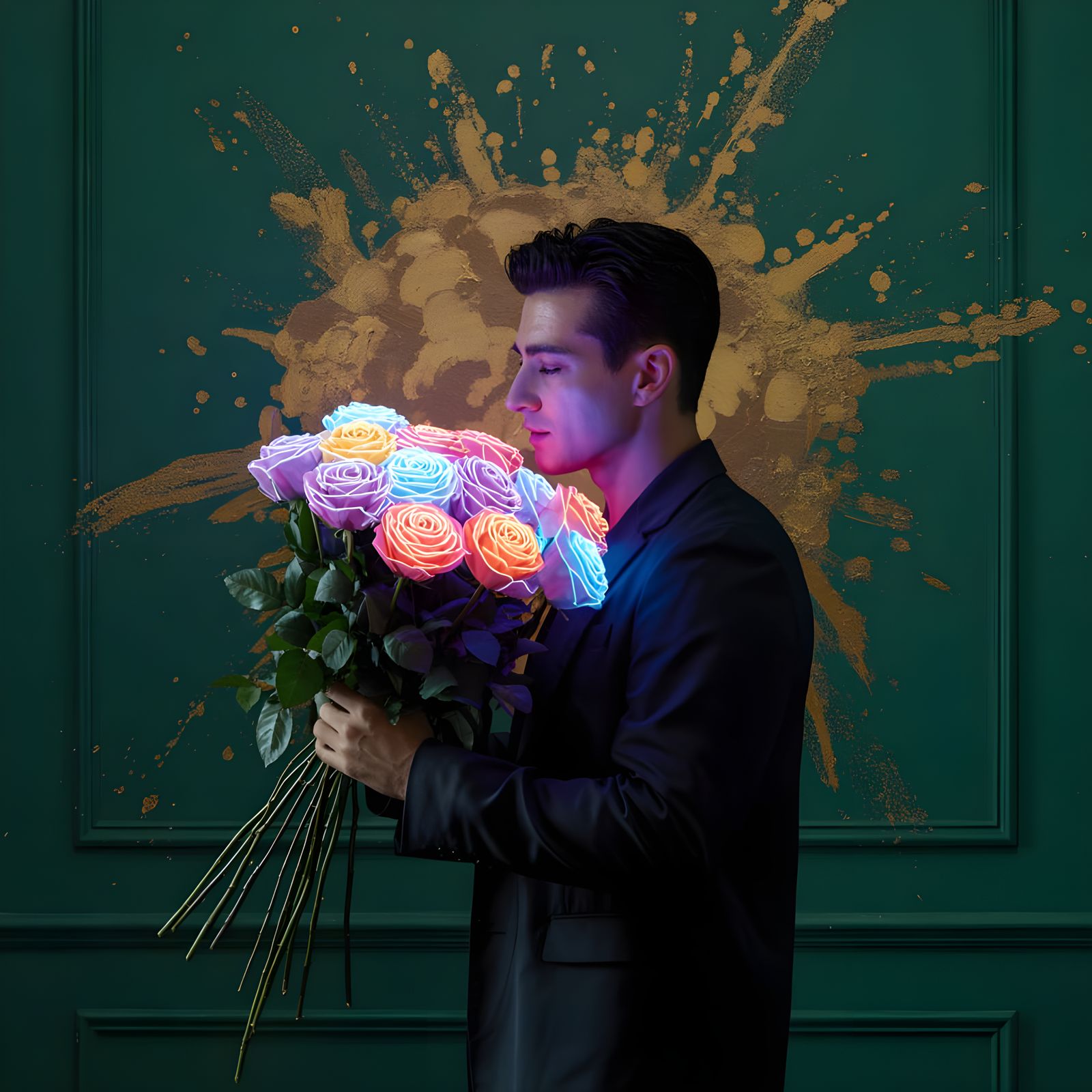 Man Holds Neon Roses in Dreamlike Scene