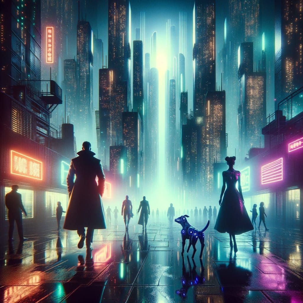 Futuristic Cityscape with Neon Lights in Neo-Noir Style