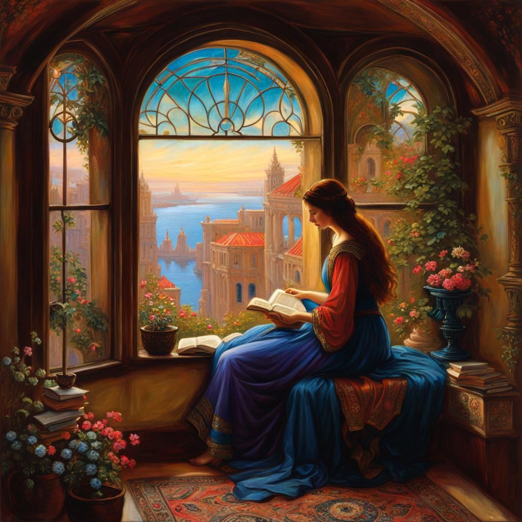 Serene Woman Reading: A Pre-Raphaelite Fantasy