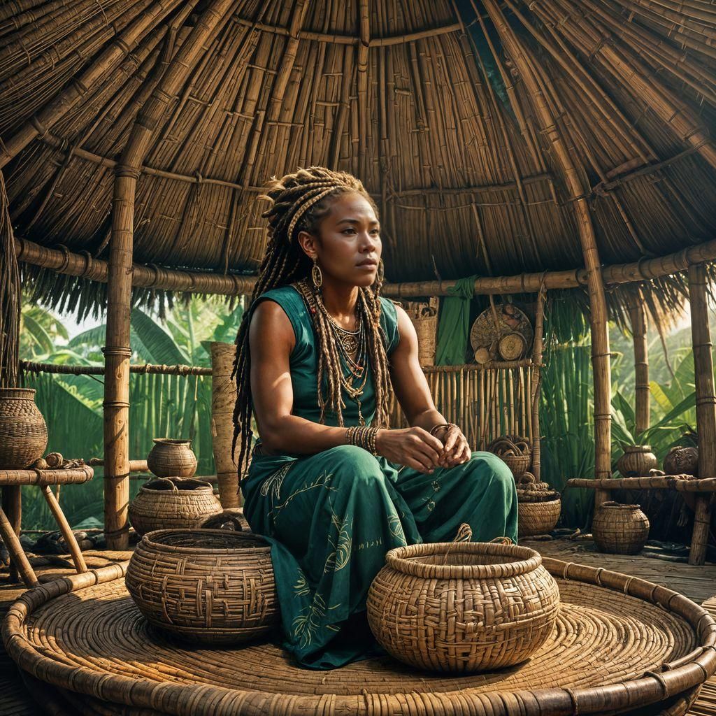 Papua New Guinean Women Weaving Baskets: Detailed Matte Pain...