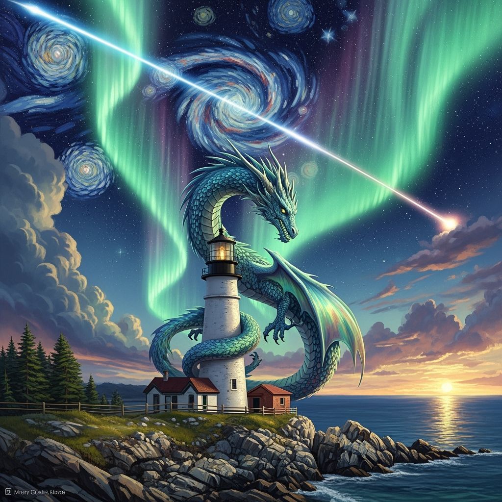 Aurora Dragon Guarding Maine Lighthouse in Expressive Style