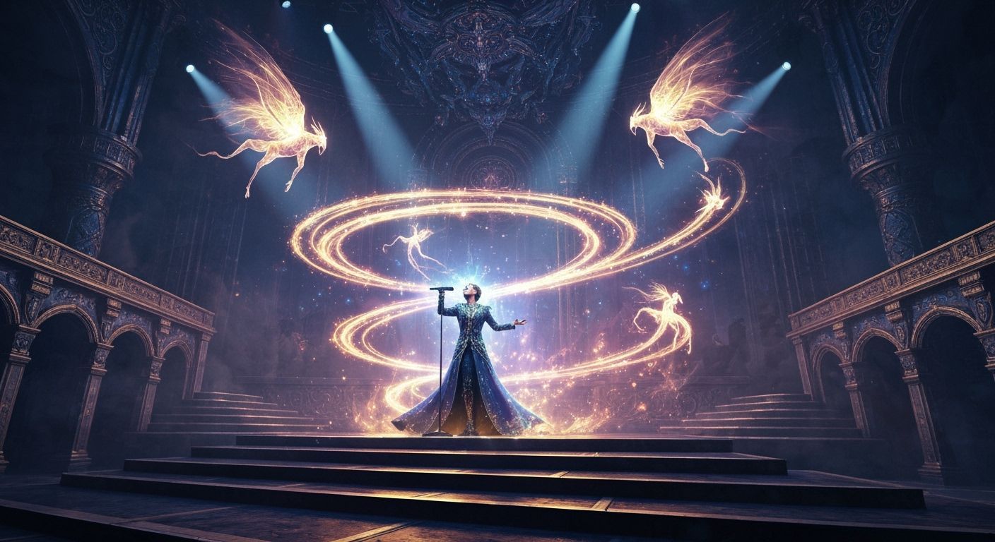 Enchanted Singer Conjures Magic with Light and Creatures