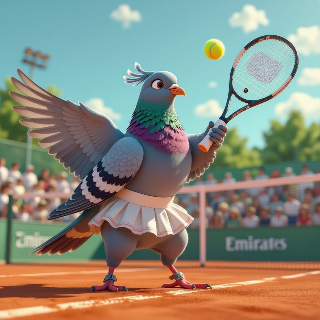 Pigeon Tennis Player at Roland Garros in Pixar Style