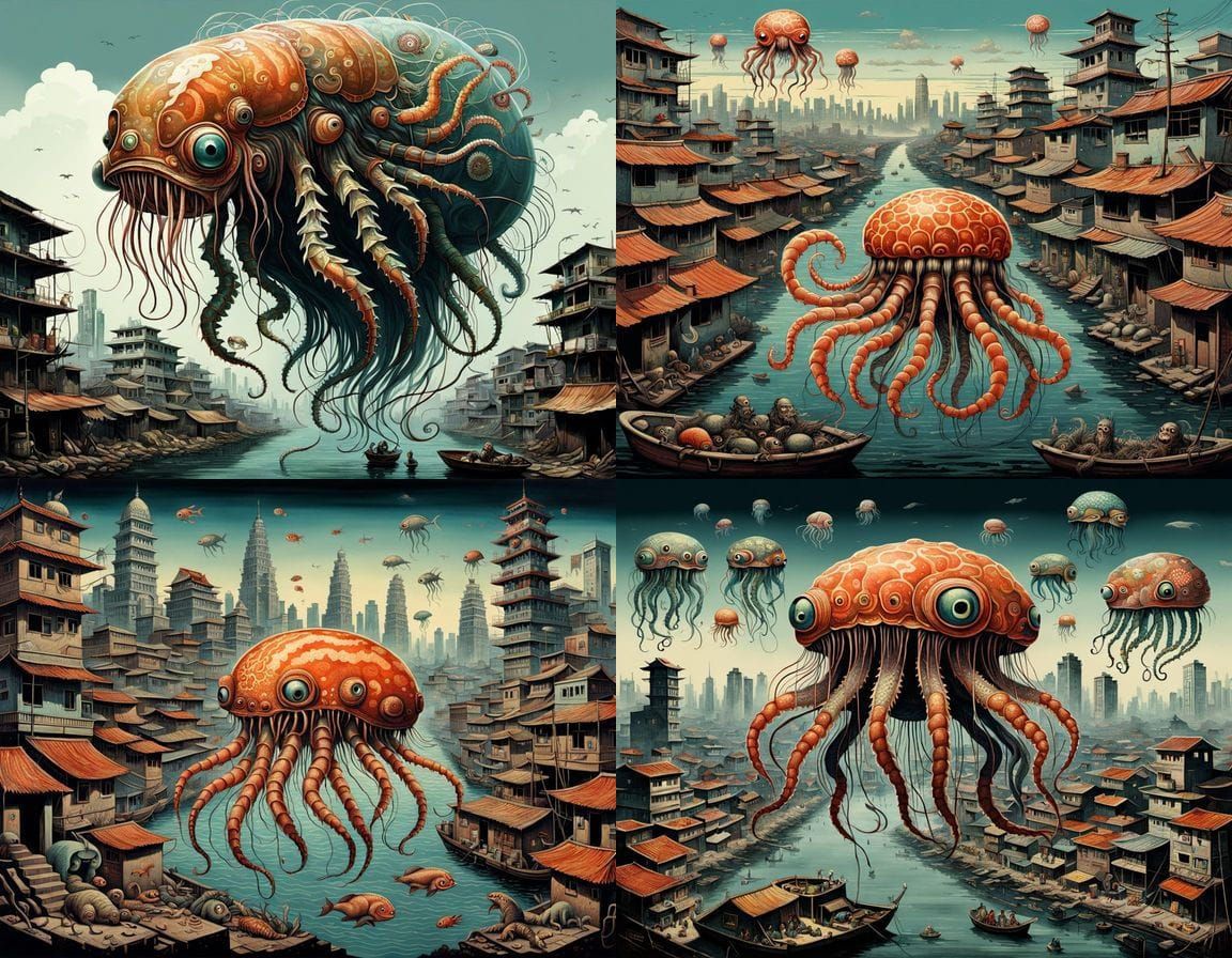 Surreal Chimera: Grotesque Mutant in Dilapidated Slum