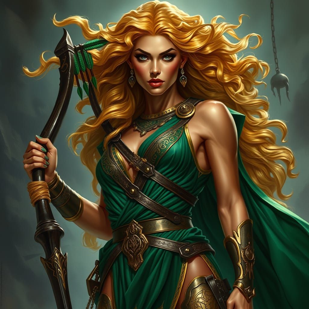 Emerald War Goddess with Fiery Hair and Golden Bow