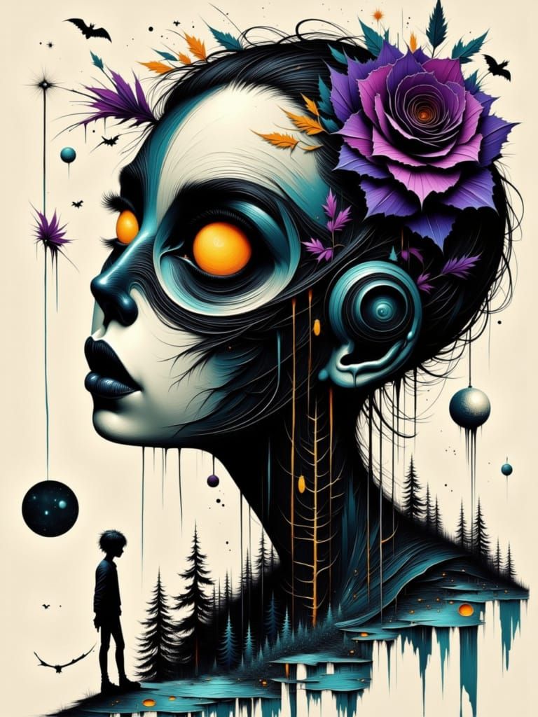 An irregular shaped Monsters face, expressing fierce determination,rendered in a German Expressionist woodcut style. Bol...