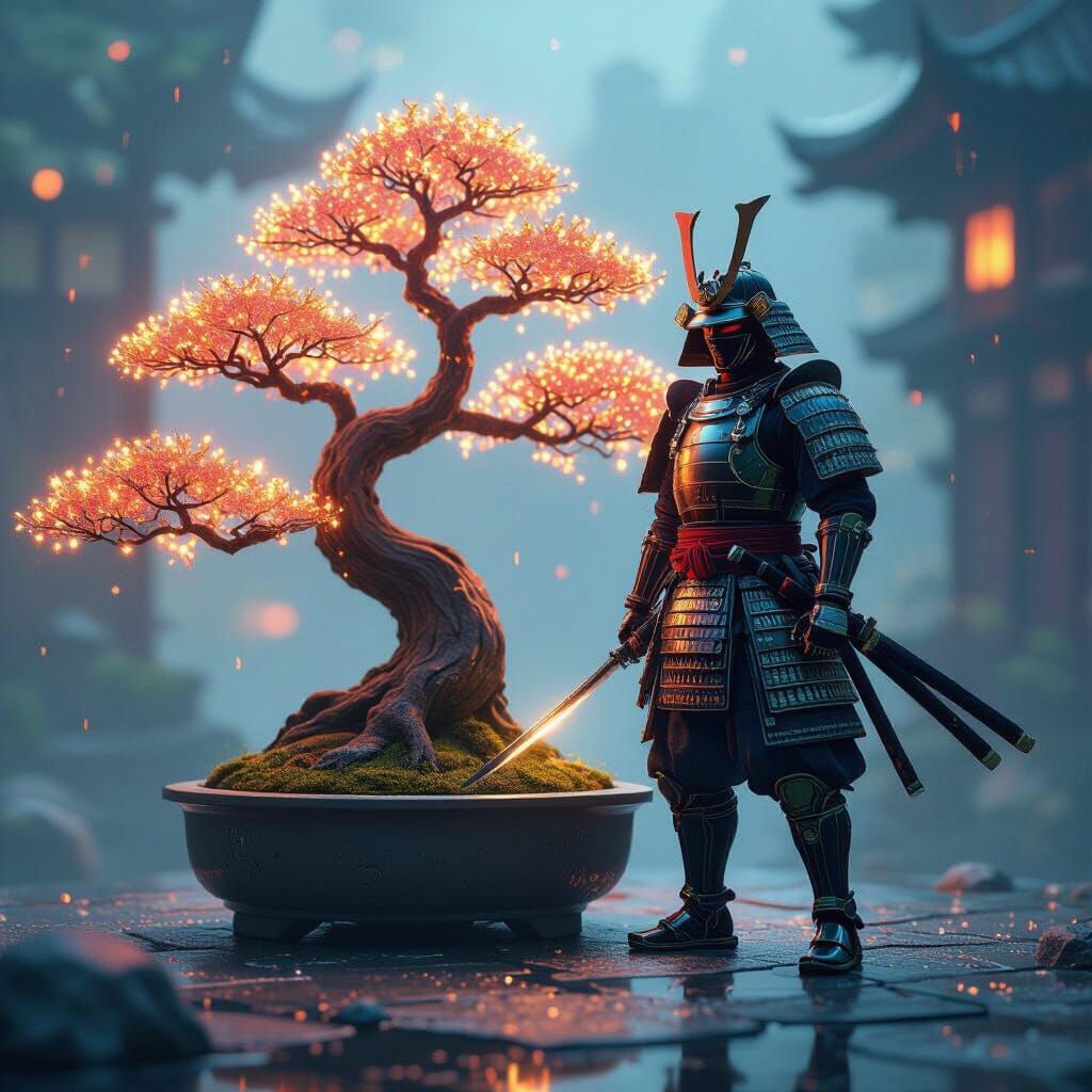 Robotic Samurai Guarding a Circuit Bonsai Tree