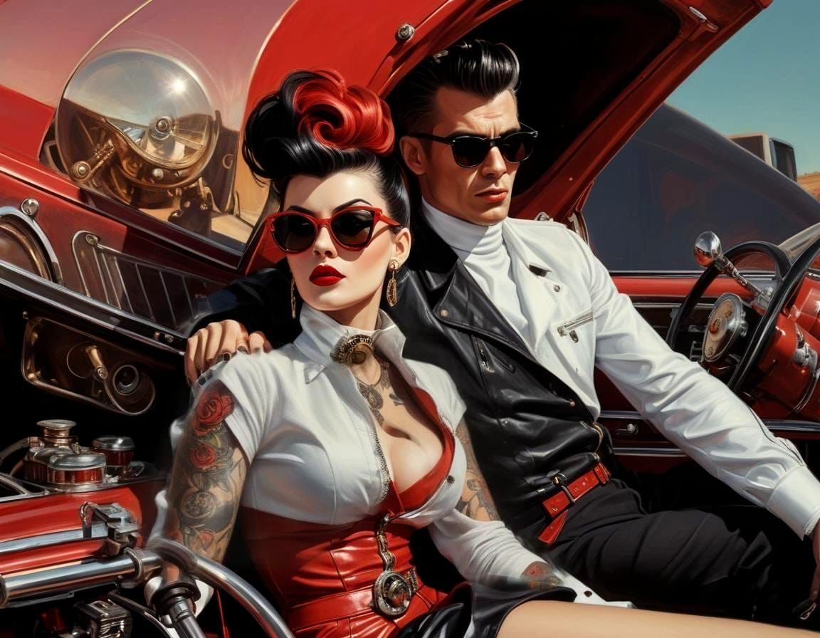 Rockabilly Woman on Hot Rod Car: Steampunk Charcoal Art
