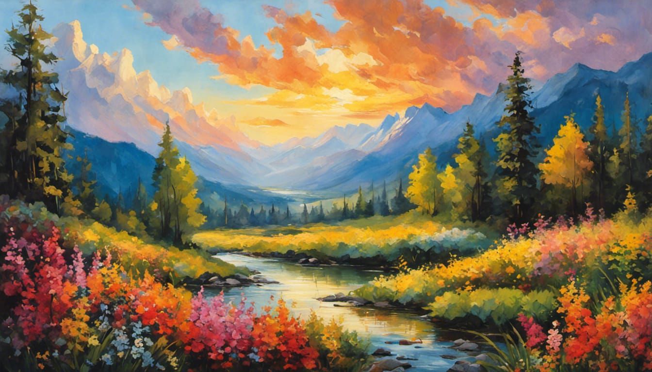 Mountain Landscape Painting in Gouache Style