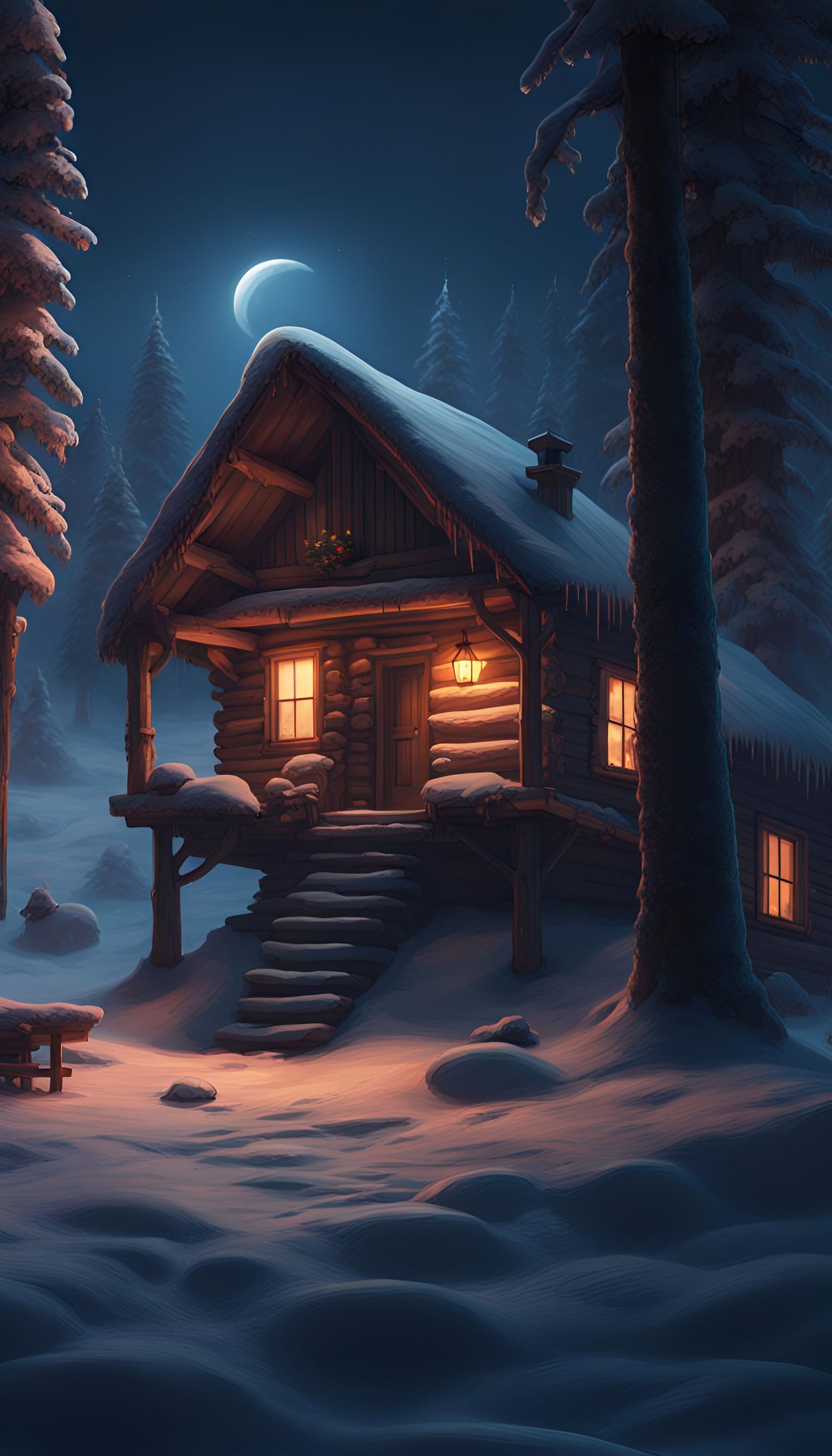 Cozy Winter Cabin Under Northern Lights