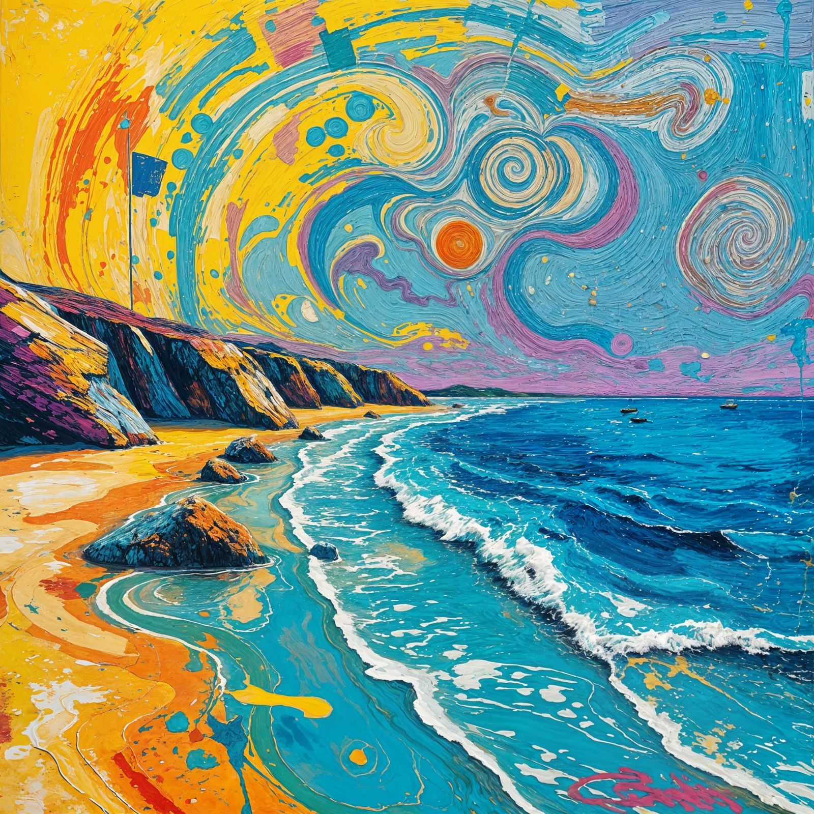 Polychromatic Beach Scene as Impasto Street Art