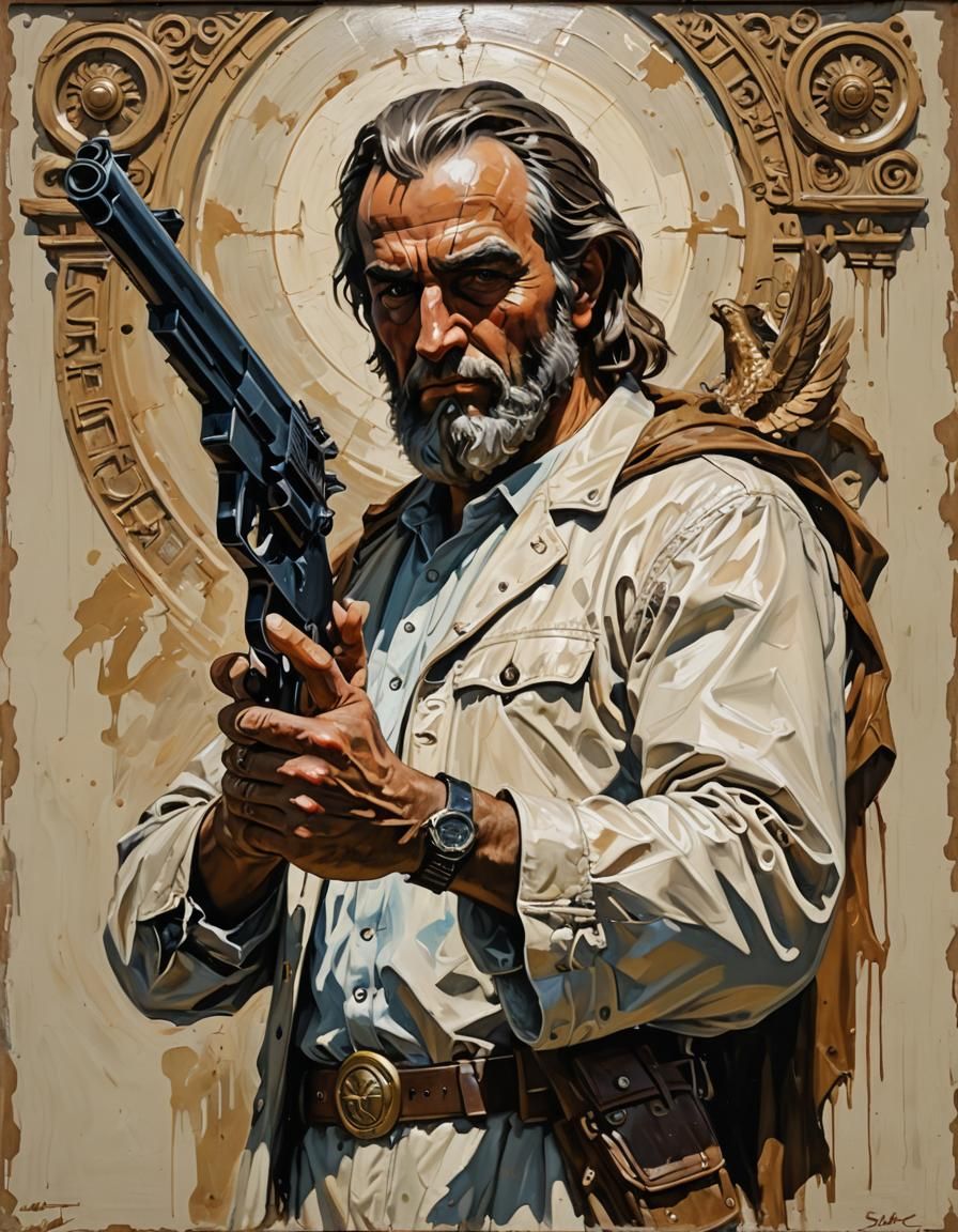 God Holding Handgun in Watercolor Style