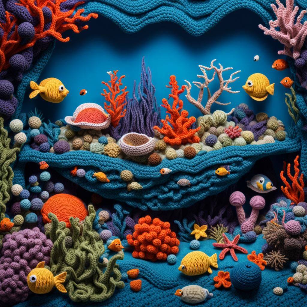 Crocheted Underwater Fantasy Seascape with Marine Life