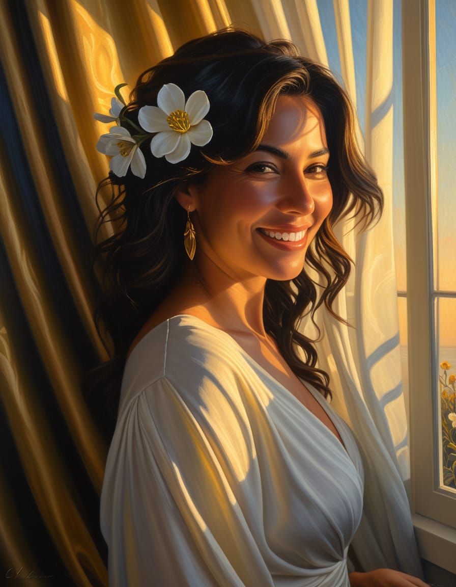 Romantic Realism Woman in Windswept Curtains