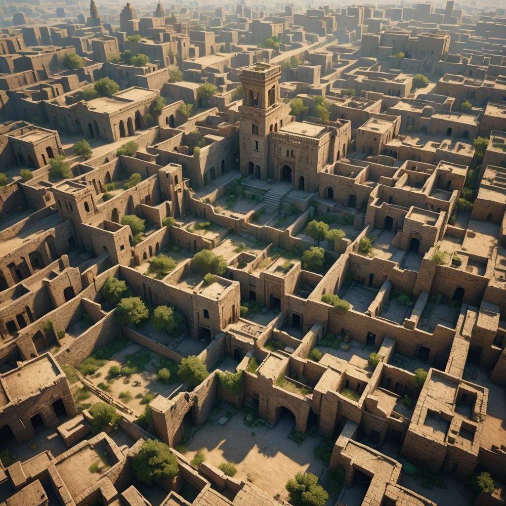 Mesopotamian Cityscape Ruins Under Blue Sky