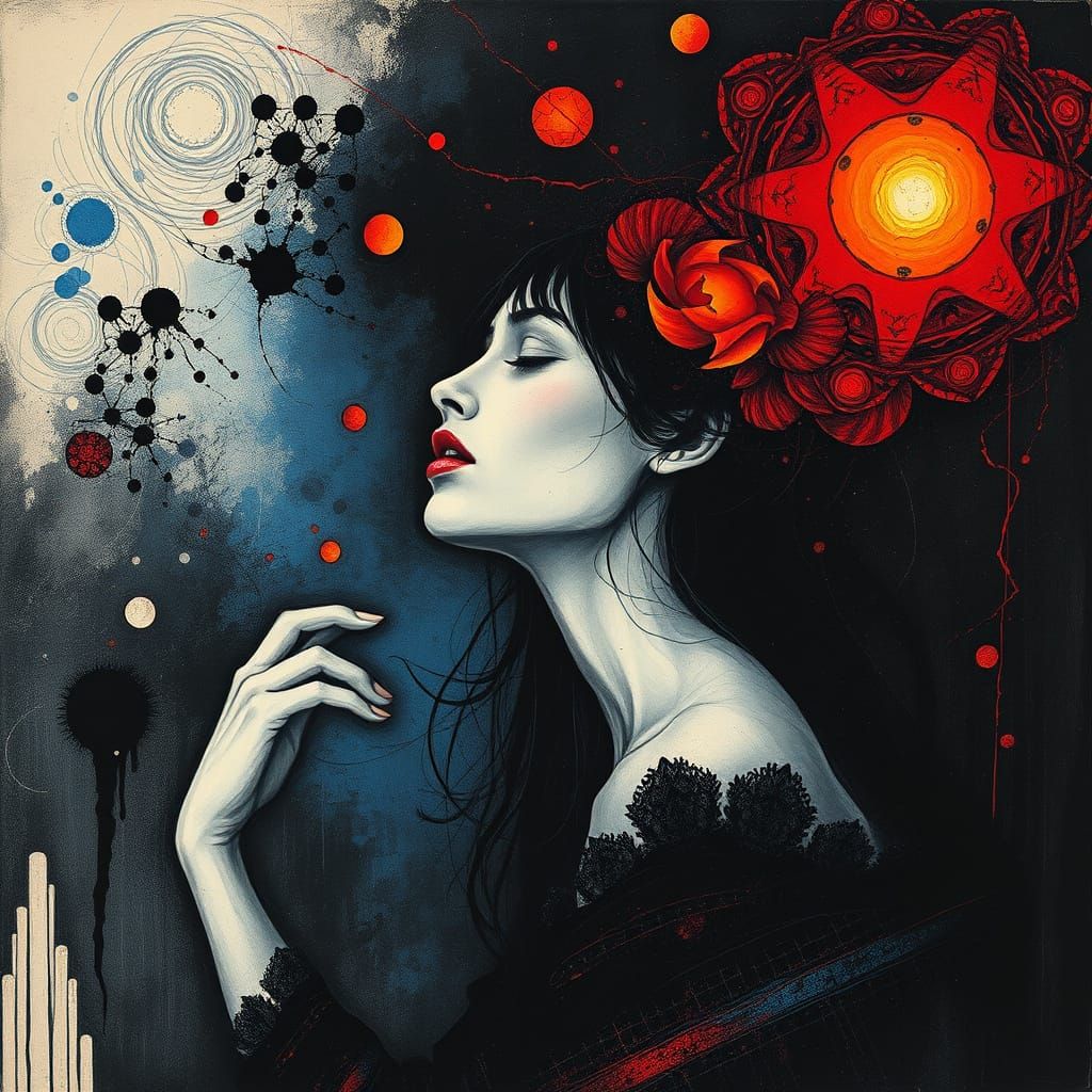 Contemplative Woman in Abstract Celestial Dreamscape