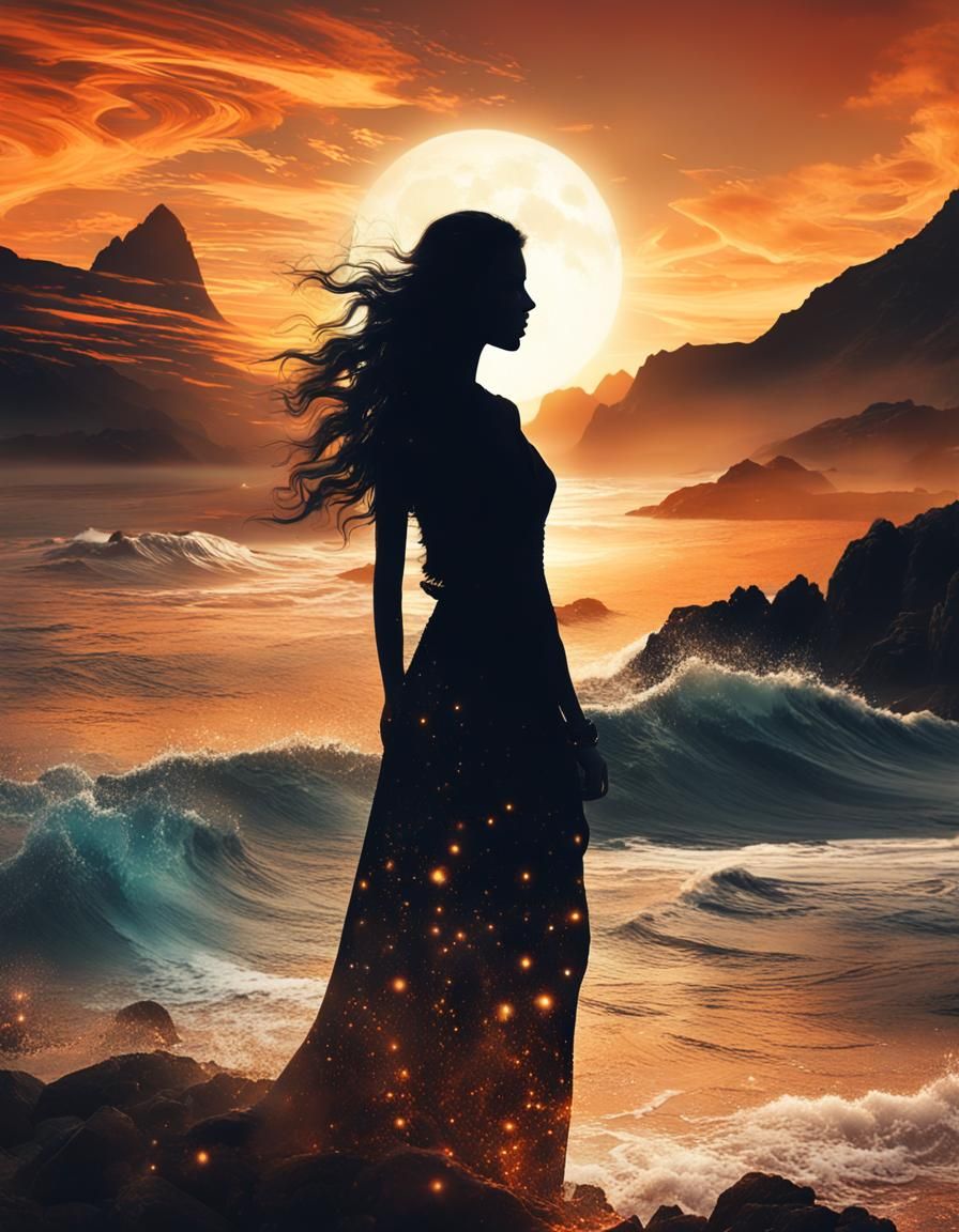 Goddess Silhouette Double Exposure with Sunset Coast