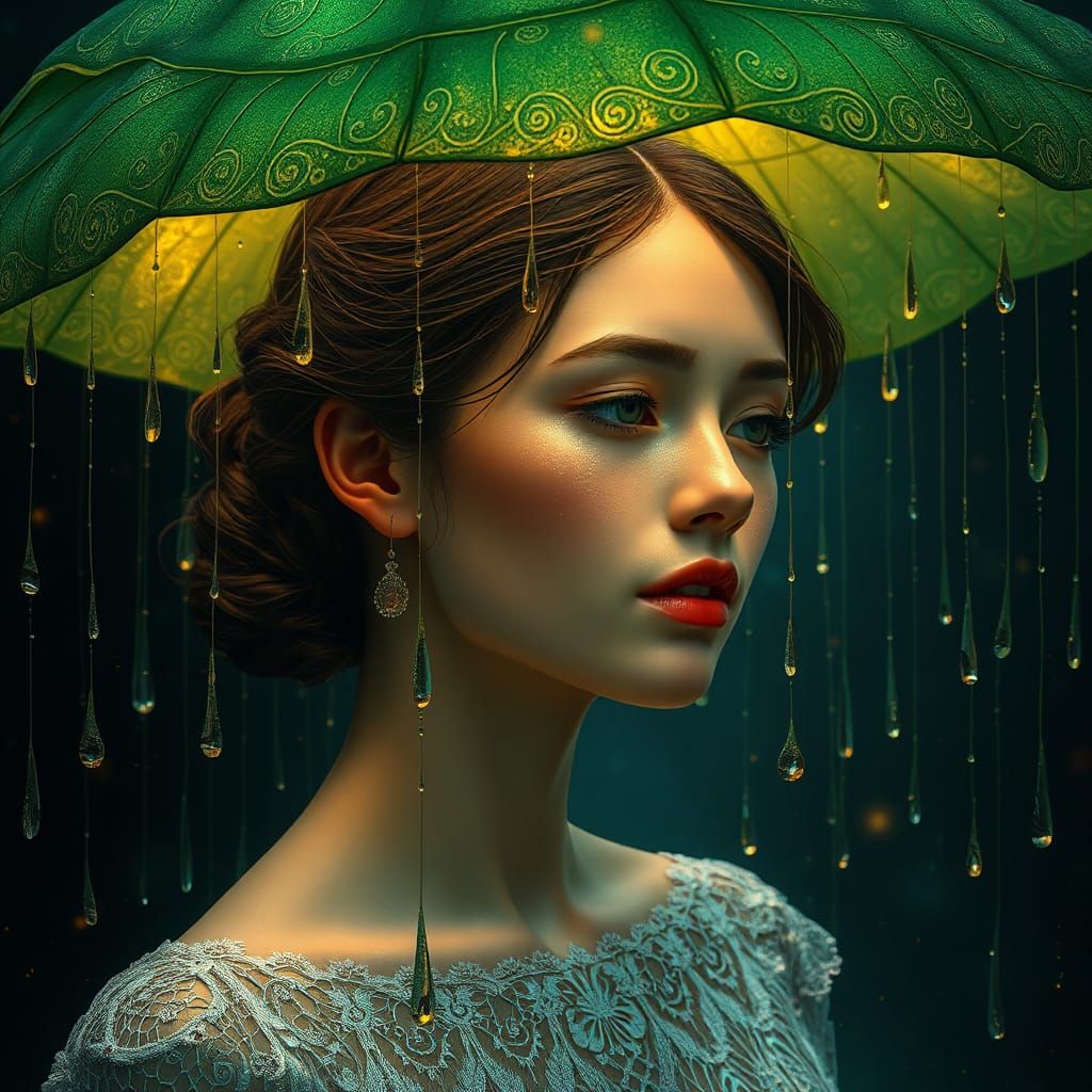 Ethereal Woman Sheltered by Olive Leaf, Art Nouveau Style