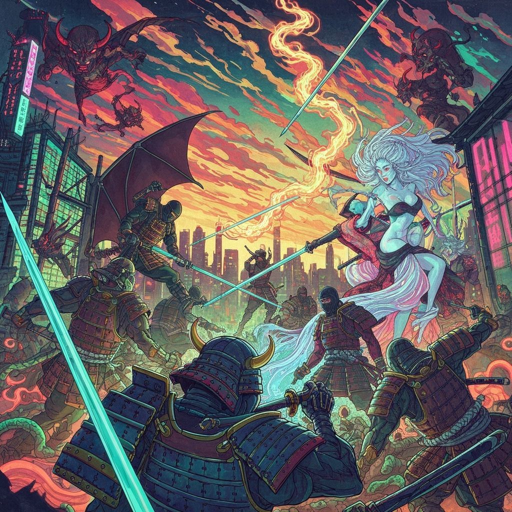 A war scene in futuristic surreal ukiyo-e style paint.. and ...
