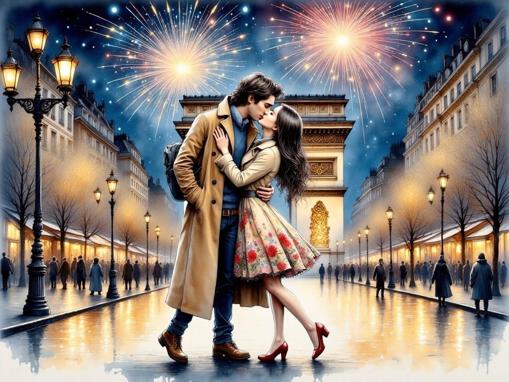 Romantic Parisian Kiss on New Year's Eve