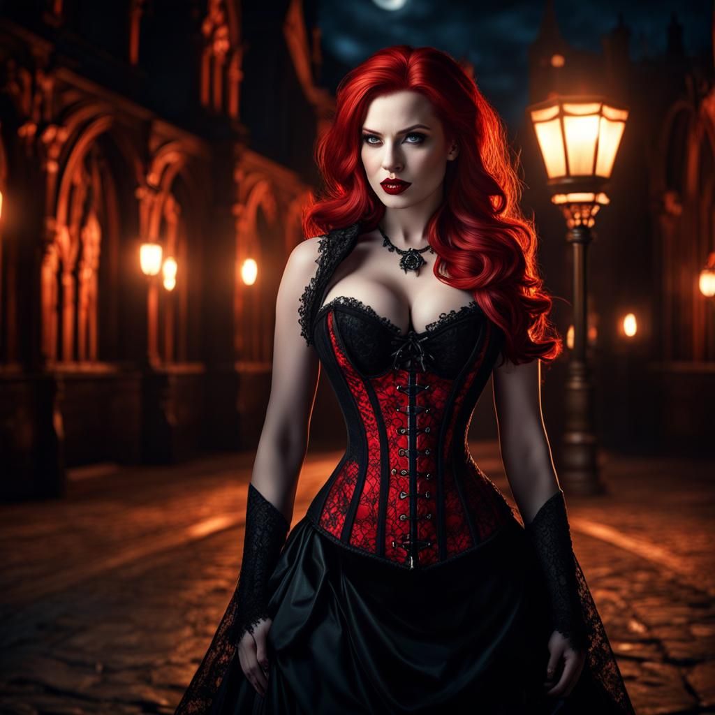 Redhead Vampire in Gothic Town at Night