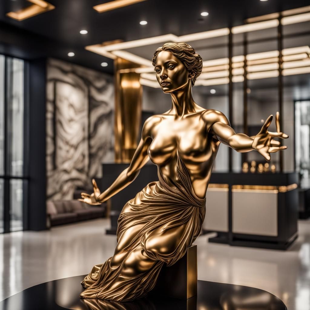 Modern House Interior with Gold Sculpture, Hyperrealistic