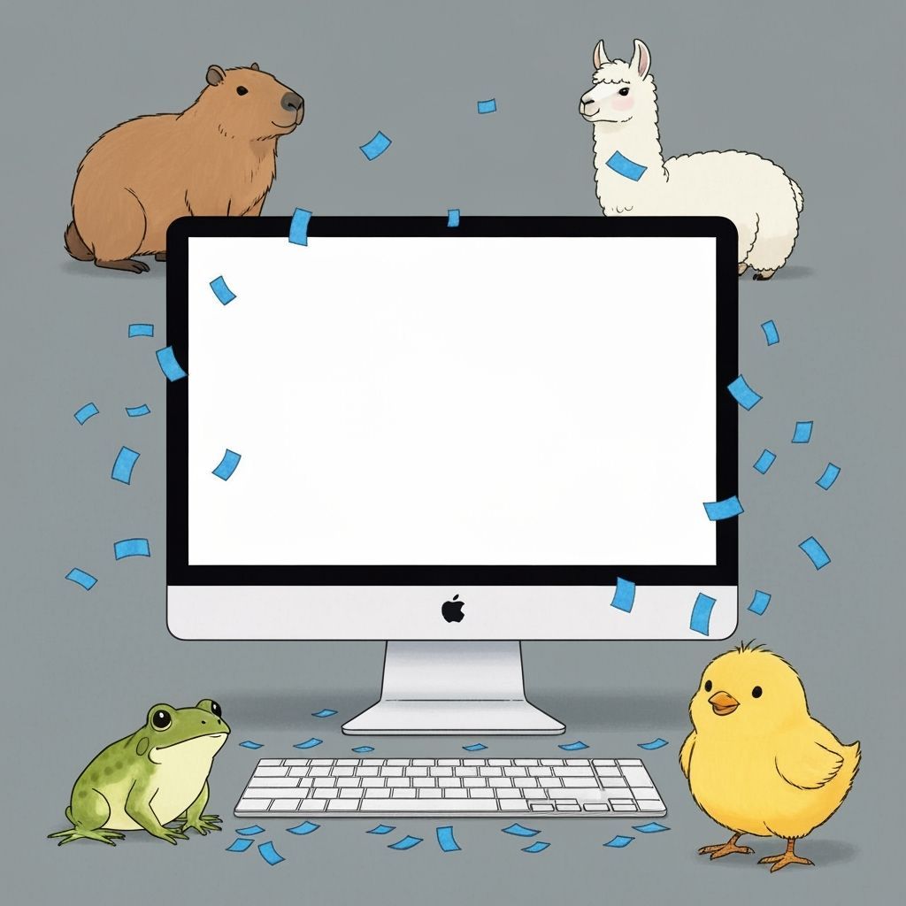 Whimsical Animals Celebrate Computer with Blank Screen