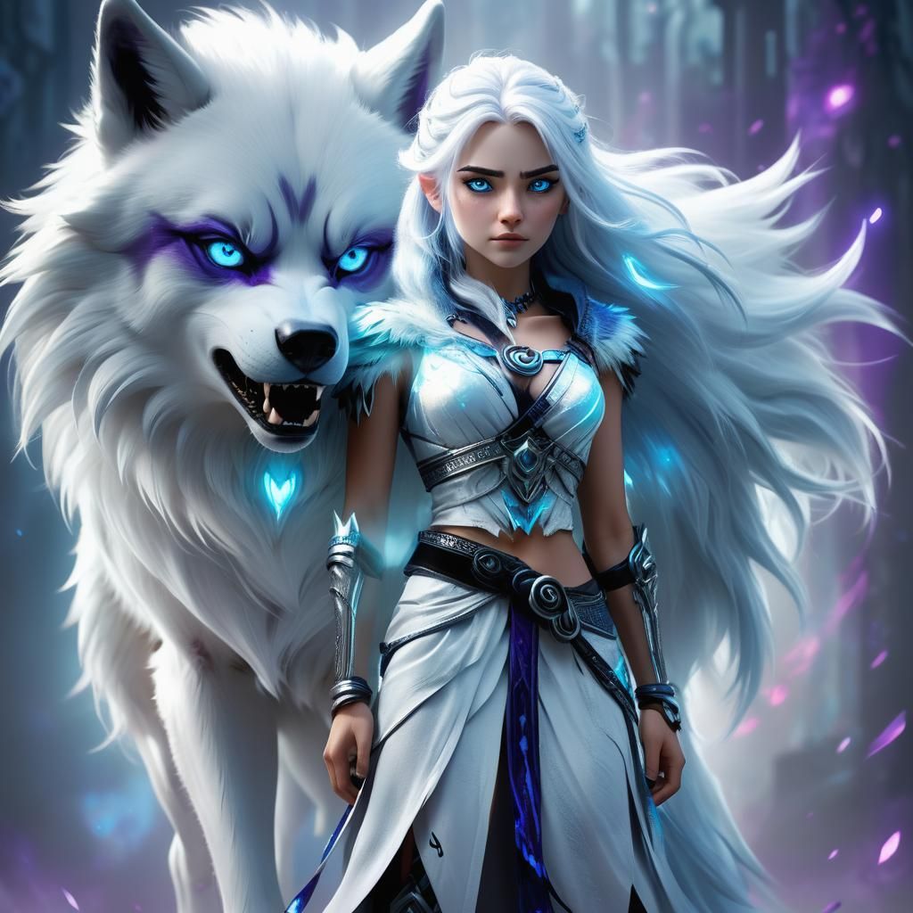 Mystic female Caracter, PNj style, with white blue hair, stu...