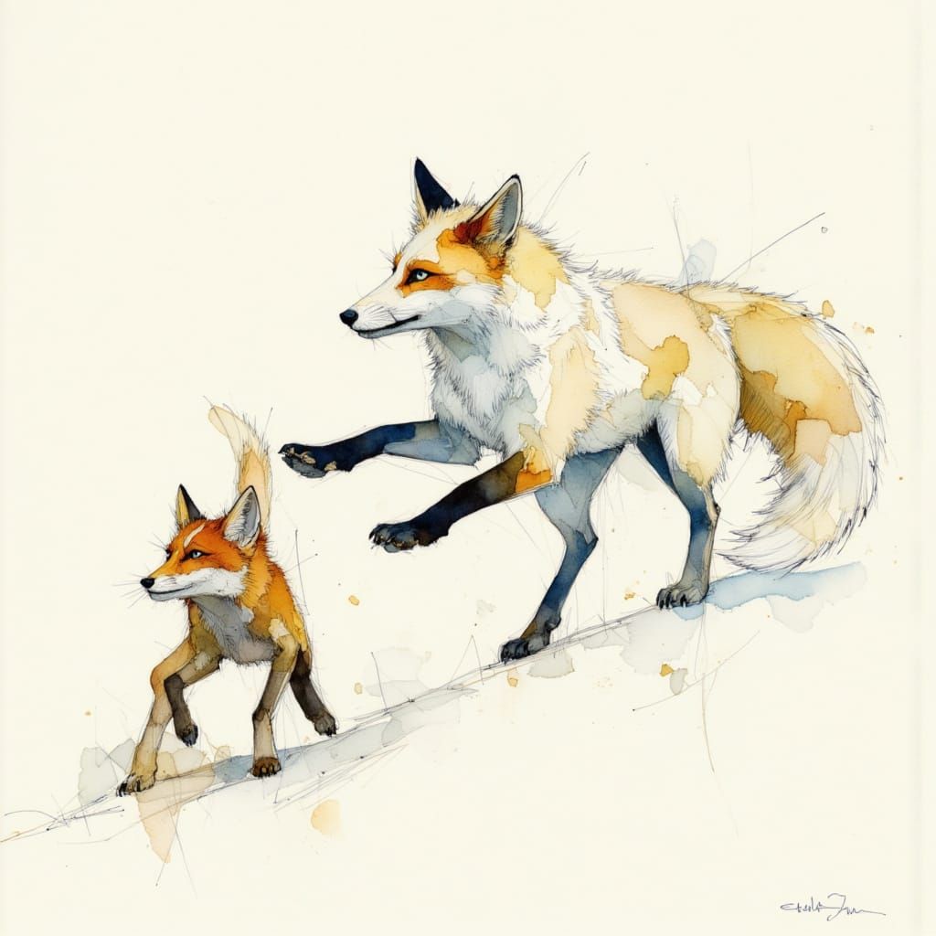 Playful Snow Fox Stomping Prey in Watercolor