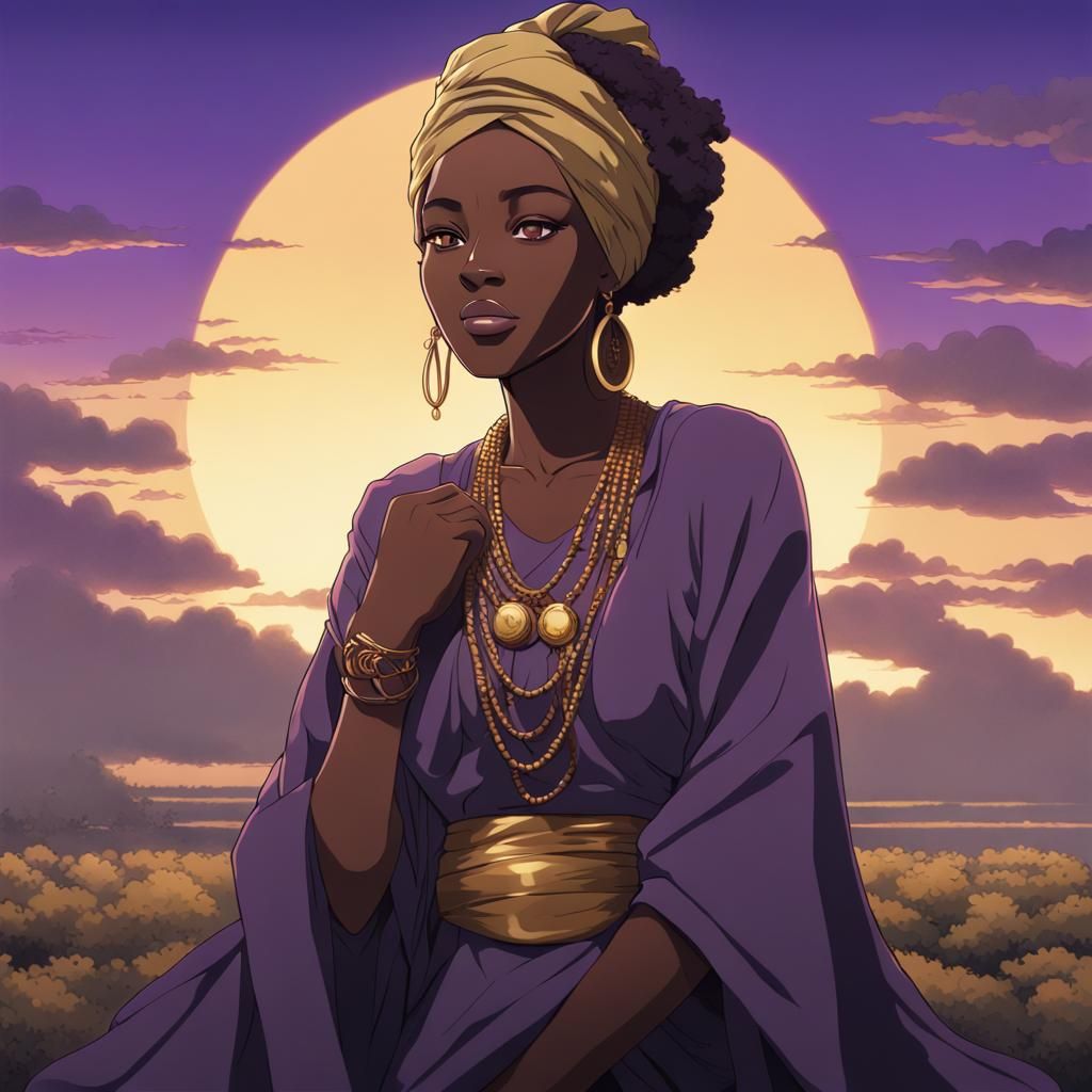 Anime-Style Portrait: Woman in Purple and Gold