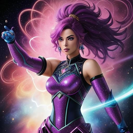 Electric Woman in Saiyan Armor and Cosmic Nebula