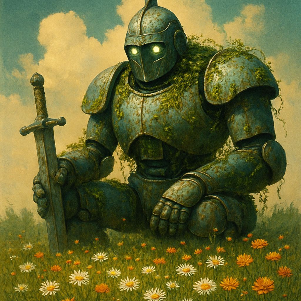 Robotic Knight Guarding Wildflowers, Digital Illustration