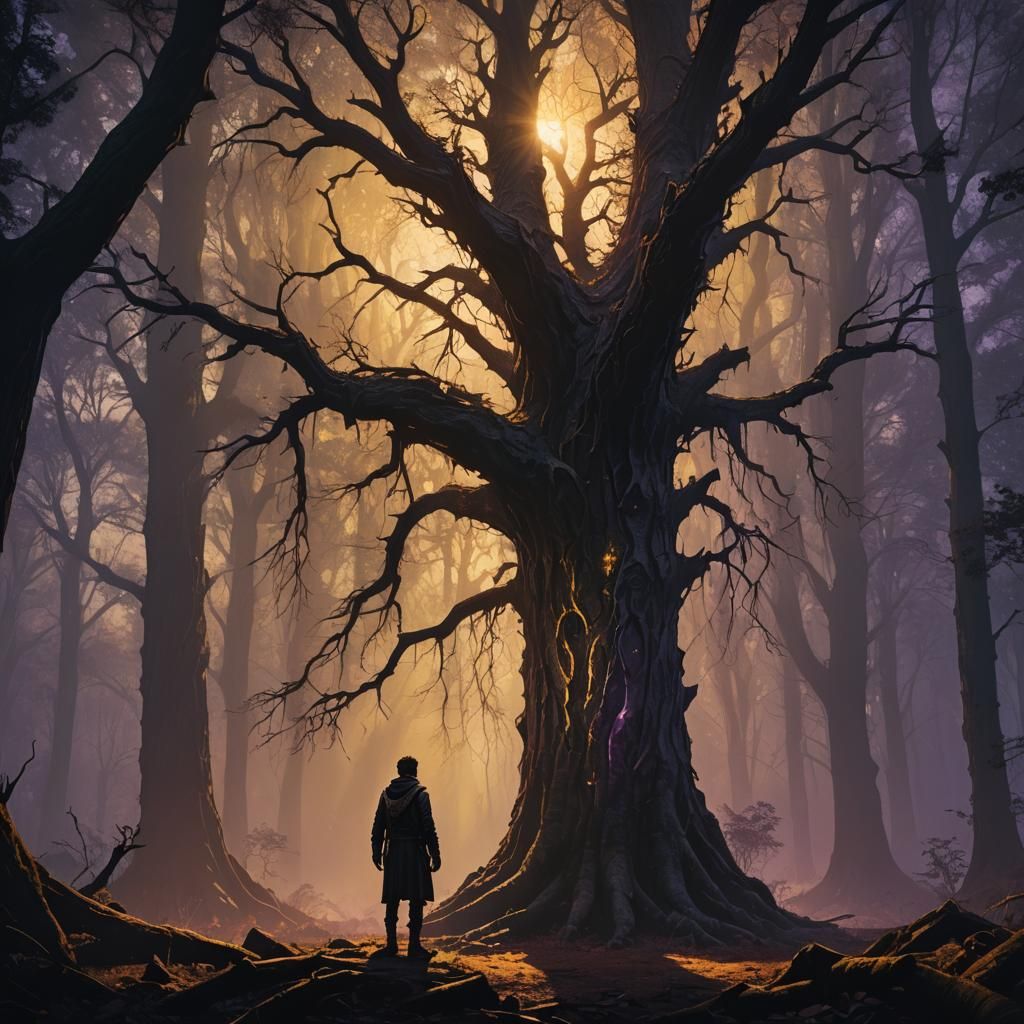 Man Merging with Shadows in Dark Fantasy Forest