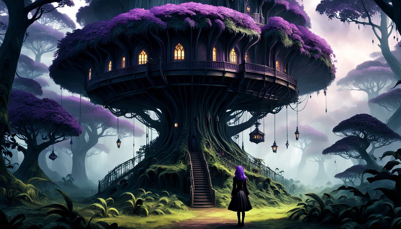 Gothling Girl in Misty Rainforest Treehouse, Fantasy Anime S...