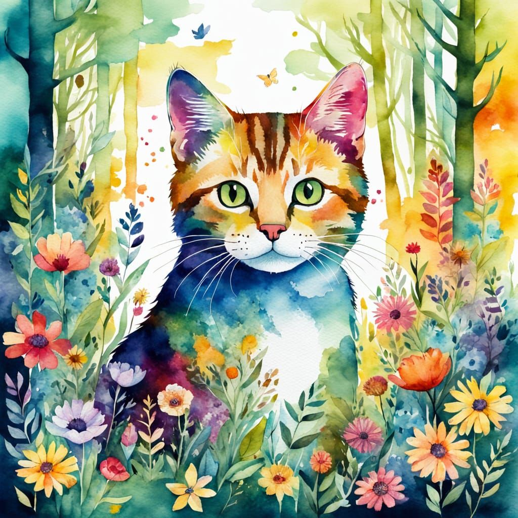 Cat Made of Flowers in Colorful Forest Watercolor