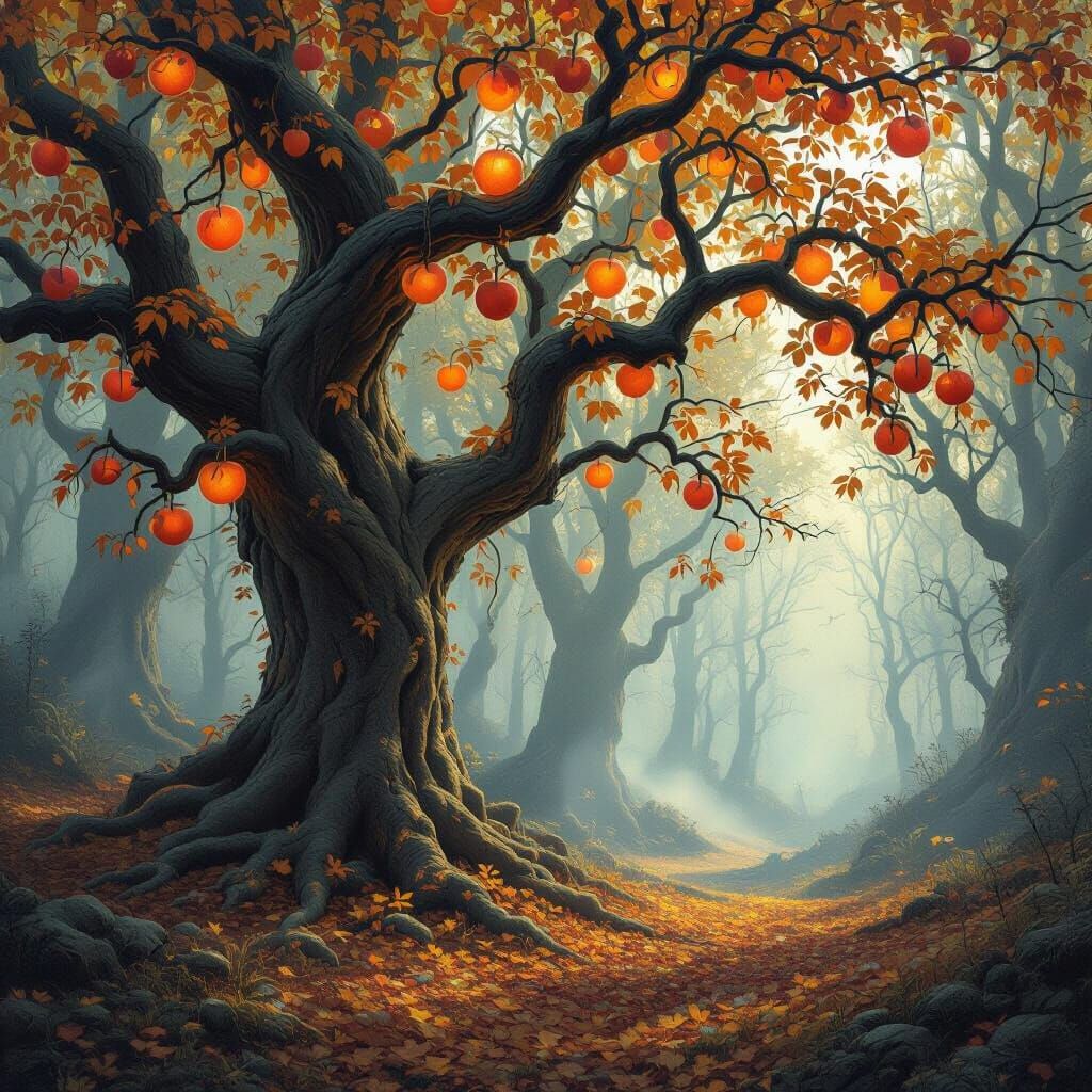 Mystical Forest with Glowing Fruits in Fall