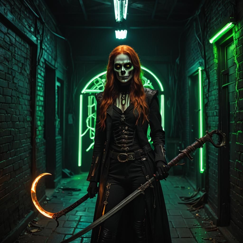 Cyberpunk Grim Reaper in Haunted House