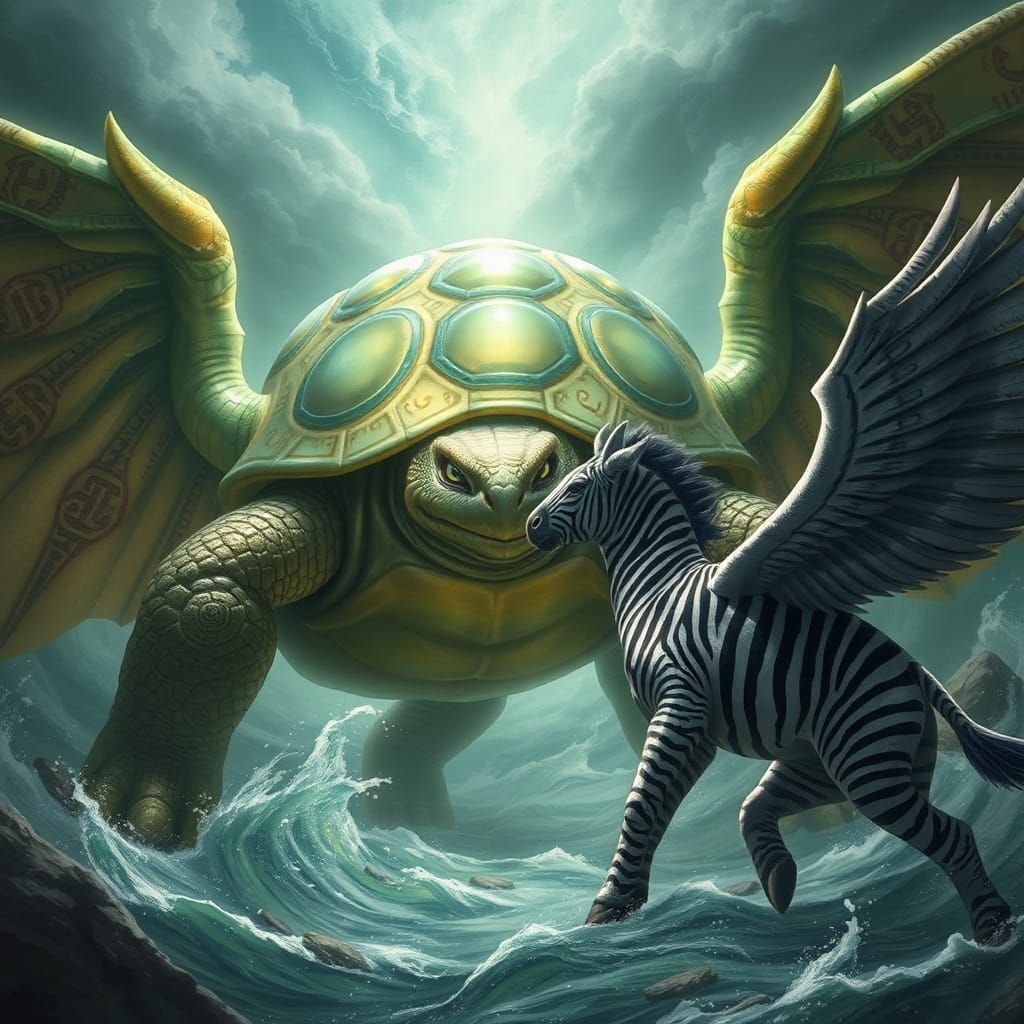 Celestial Turtle vs Divine Zebra in Stormy Landscape