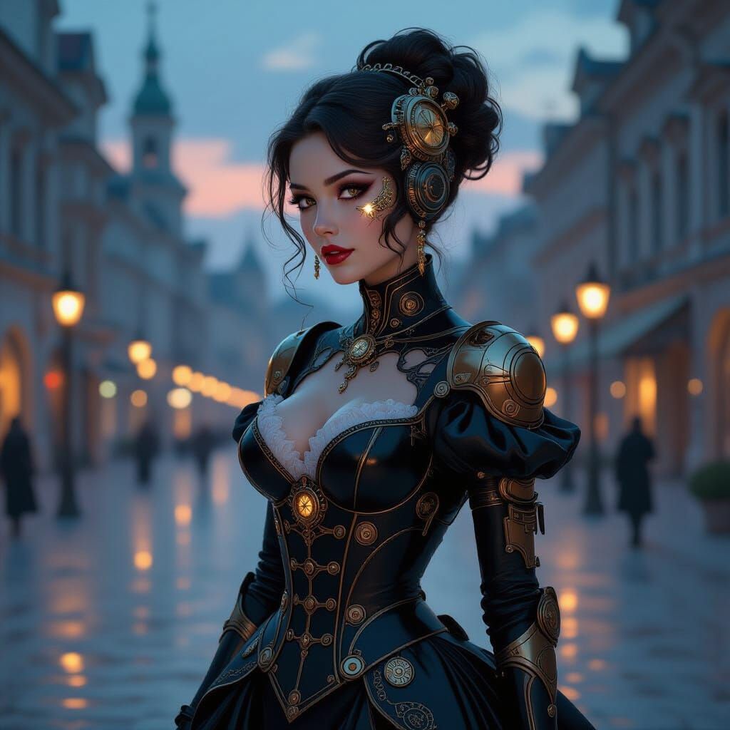 Steampunk Cyborg Woman in City Square