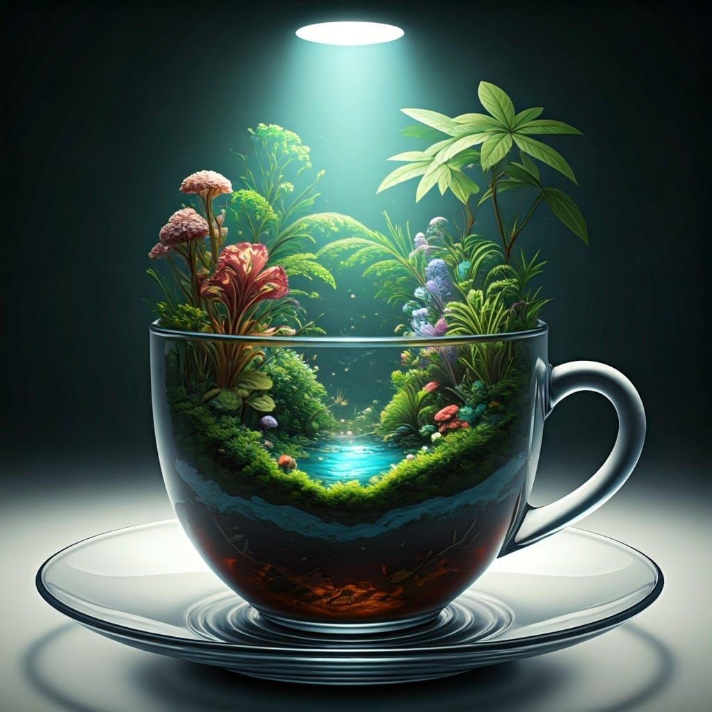 Miniature Ecosystem Inside Glass Teacup: Detailed Matte Pain...