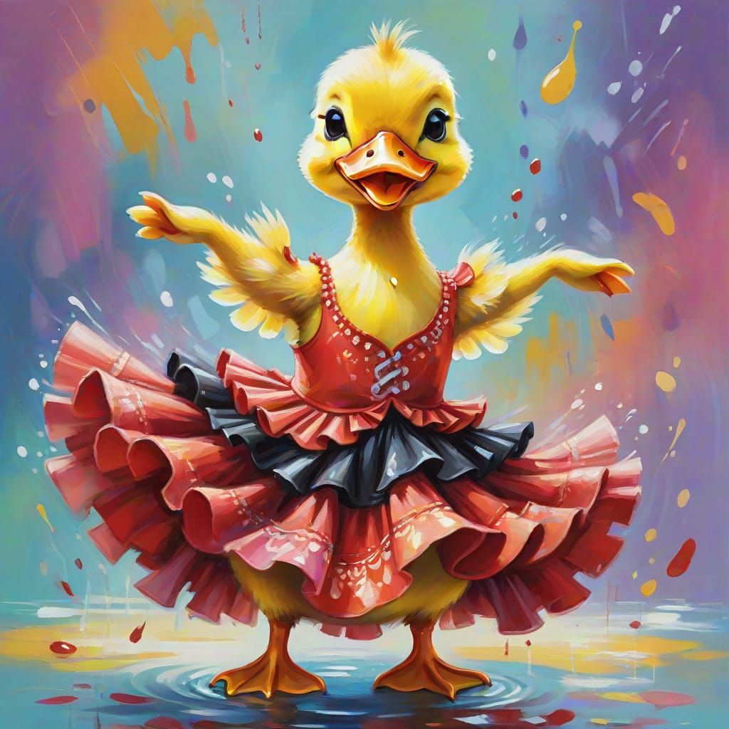 Duckling Flamenco Dancer in Whimsical Oil Painting