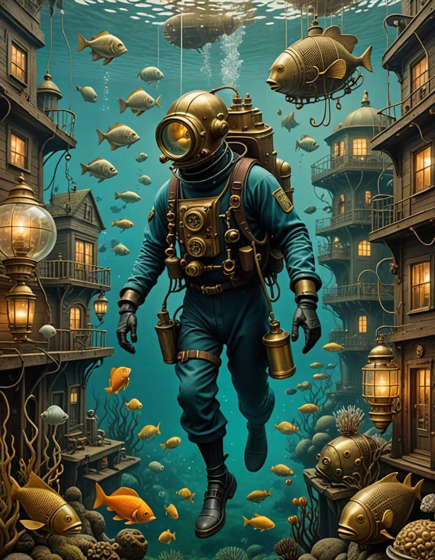 Surreal Submersed Metropolis in Victorian Brass Finish