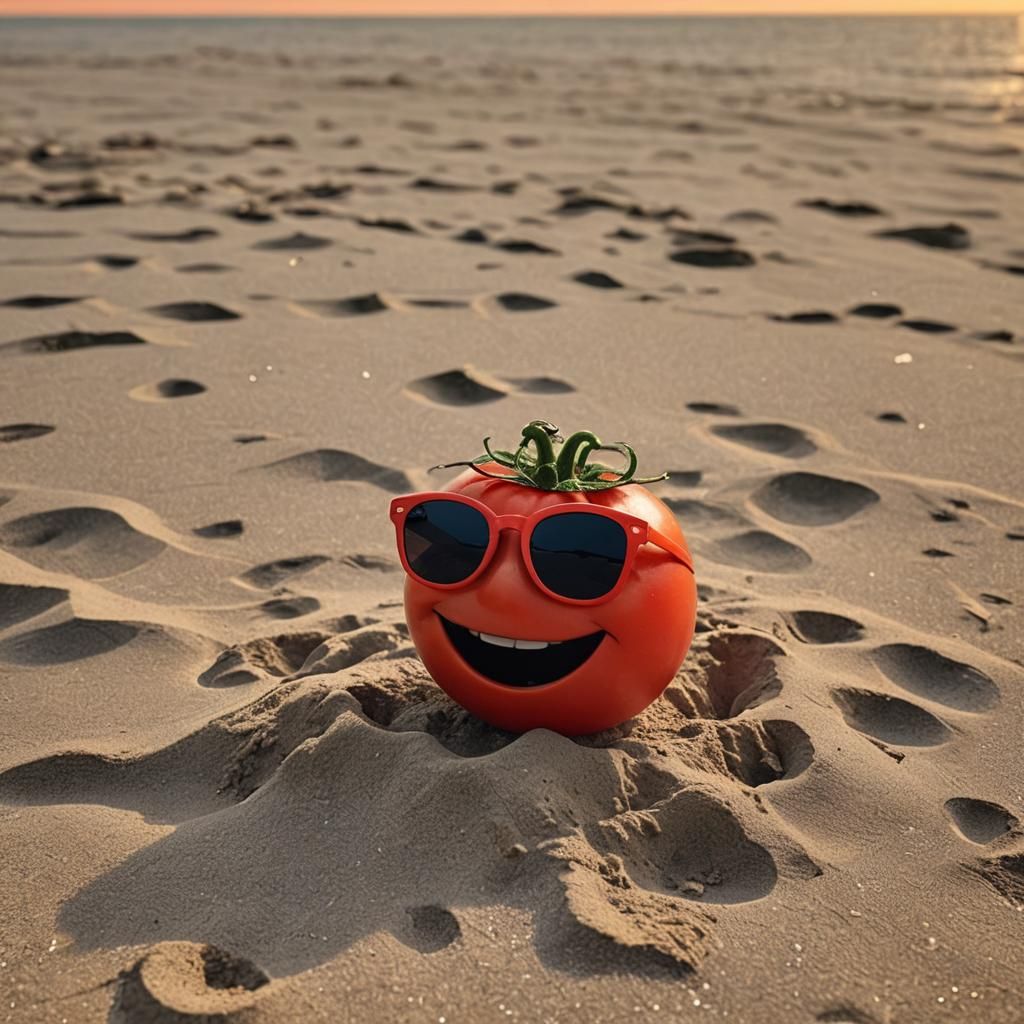 Tomato with Sunglasses on Beach at Sunset