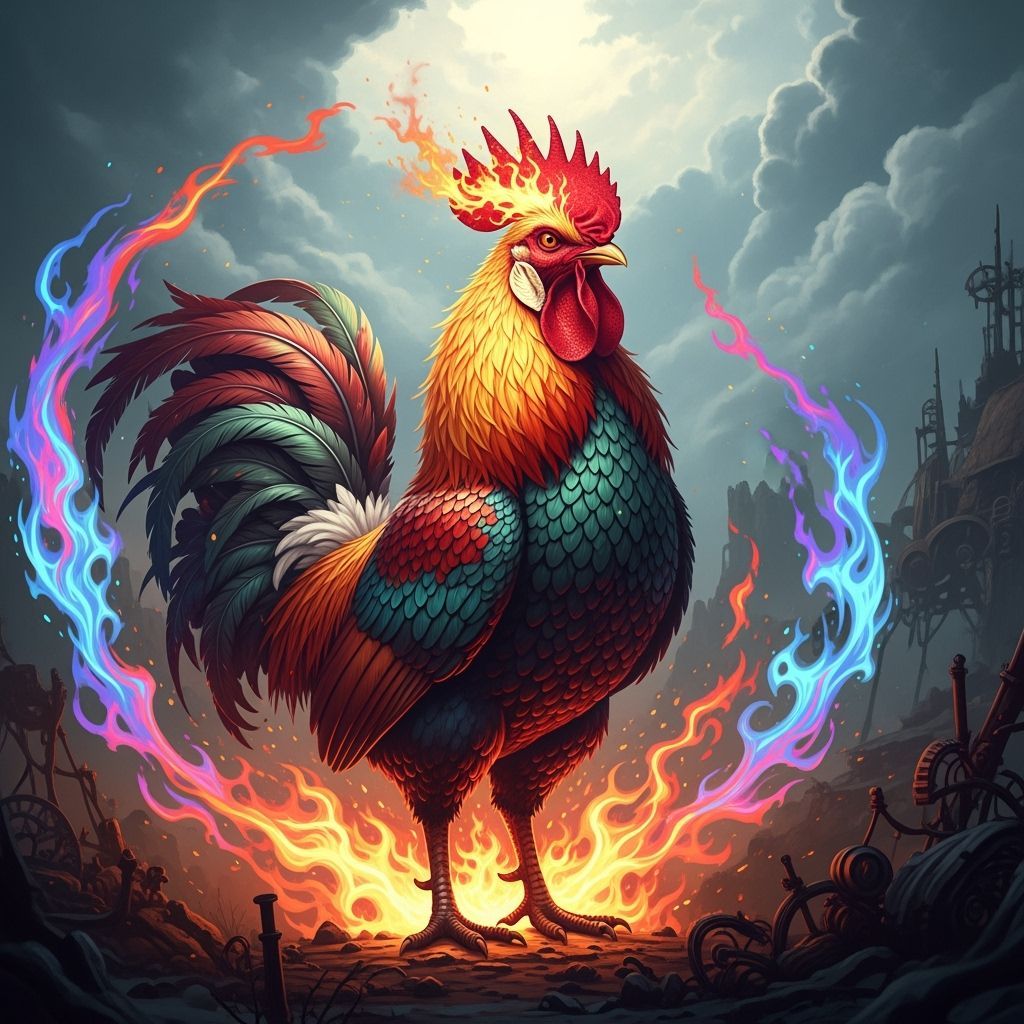 Majestic Rooster in Fiery Landscape as Matte Painting