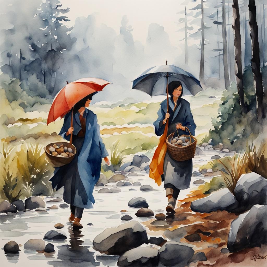Women Collecting Rocks in Rain, Watercolor Concept Art